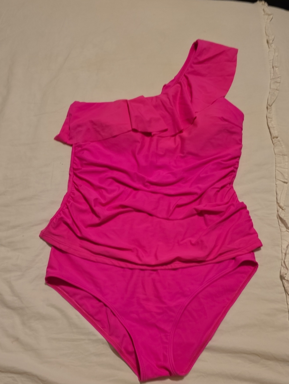 Womens One-Shoulder Ruffle Tankini Swimsuit - Hot Pink. NWOT